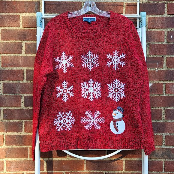 Karen Scott Christmas Pullover Sweater Red Marled Snowman Snow Snowflake scarf - Picture 1 of 12